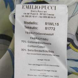 مملوكة مسبقًا فستان إيميليو بوتشي قطن حرير أزرق وأصفر مطبوع بكتف بارد طويل شفاف مقاس متوسط