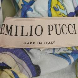 مملوكة مسبقًا فستان إيميليو بوتشي قطن حرير أزرق وأصفر مطبوع بكتف بارد طويل شفاف مقاس متوسط