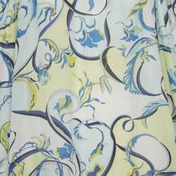 مملوكة مسبقًا فستان إيميليو بوتشي قطن حرير أزرق وأصفر مطبوع بكتف بارد طويل شفاف مقاس متوسط