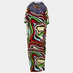 Pre Owned Emilio Pucci Multicolor Printed Silk Fringe Detail Kaftan Dress One Size  