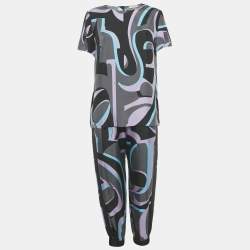 Pre Owned Emilio Pucci Multicolor Patterned Silk Top & Joggers M
