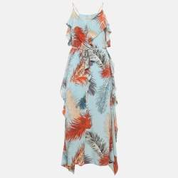 Pre Owned Emilio Pucci Blue Feather Print Silk Ruffle Midi Dress M