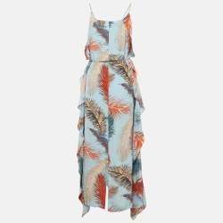 Pre Owned Emilio Pucci Blue Feather Print Silk Ruffle Midi Dress M
