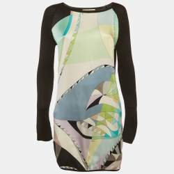 Pre Owned فستان ميني ايميلو بوتشي ساتان مطبوع أخضر / أسود وحياكة مطاطة مقاس متوسط