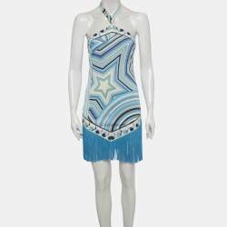 Pre Owned Emilio Pucci Blue Printed Jersey Fringe Mini Dress S