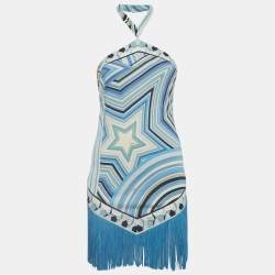 Pre Owned Emilio Pucci Blue Printed Jersey Fringe Mini Dress S