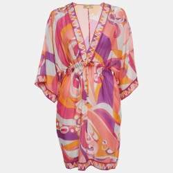 Pre Owned Emilio Pucci Orange/Pink Printed Voile Short Dress S