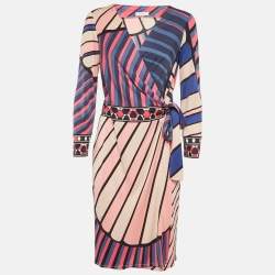 مملوكة مسبقًا Emilio Pucci Pink Stripe Print Jersey Midi Wrap Dress L