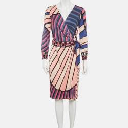 مملوكة مسبقًا Emilio Pucci Pink Stripe Print Jersey Midi Wrap Dress L