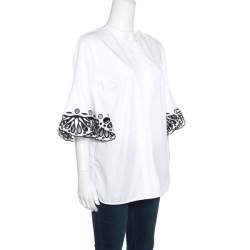 Pre Owned Emilio Pucci White Cotton Sangallo Trim Pintuck Detail Blouse M