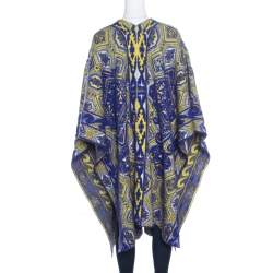 Pre Owned Emilio Pucci Blue and Neon Yellow Patterned Jacquard Knit Poncho S