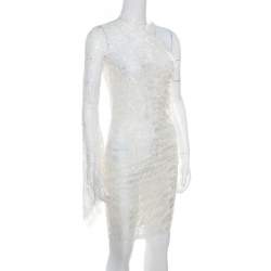 مملوكة مسبقًا Emilio Pucci White Floral Lace Scalloped Trim Ruched One Shoulder Dress S