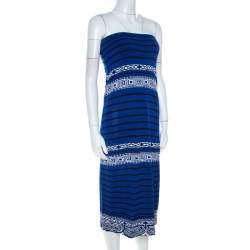 Emilio Pucci Blue Knit Aztec Pattern Strapless Dress S 
