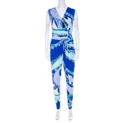 Emilio Pucci Blue Abstract Printed Jersey Sleeveless Tapered Jumpsuit S 