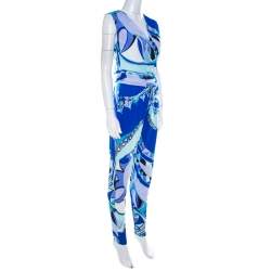 Emilio Pucci Blue Abstract Printed Jersey Sleeveless Tapered Jumpsuit S 