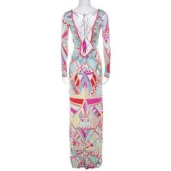Emilio Pucci Multicolor Signature Print Silk Lace-Up Back Maxi Dress M