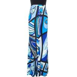Emilio Pucci Blue Abstract Printed Jersey Flared Maxi Skirt M