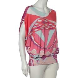 Emilio Pucci Multicolored Abstract Printed Jersey Pleated Detailed Top L 