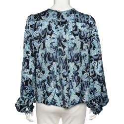Emilio Pucci Blue Printed Silk Ruffle Detail Button Front Top L 