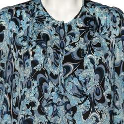 Emilio Pucci Blue Printed Silk Ruffle Detail Button Front Top L 
