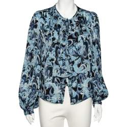 Emilio Pucci Blue Printed Silk Ruffle Detail Button Front Top L 