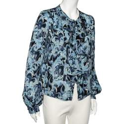 Emilio Pucci Blue Printed Silk Ruffle Detail Button Front Top L 