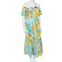 Pre Owned Emilio Pucci Multicolored Badea Print Cotton Off-Shoulder Tiered Dress L