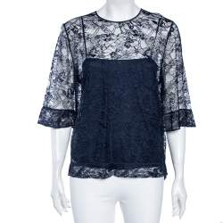 Pre Owned Emilio Pucci Navy Blue Lace Blouse M