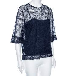 Pre Owned Emilio Pucci Navy Blue Lace Blouse M