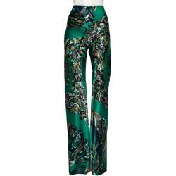 Pre Owned Emilio Pucci Green Printed Stretch Silk Flared Trousers M