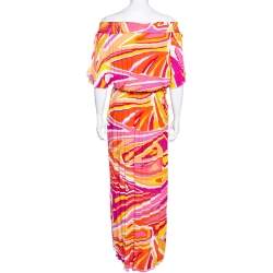 Pre Owned Emilio Pucci Multicolored Printed Crepe Ruched Maxi Dress M 