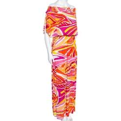 Pre Owned Emilio Pucci Multicolored Printed Crepe Ruched Maxi Dress M 