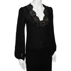مملوكة مسبقًا Emilio Pucci Black Silk Lace Trim Long Sleeve Blouse S