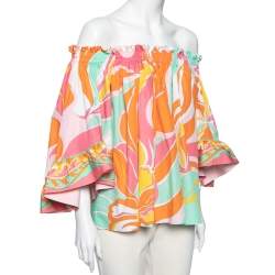 Pre Owned Emilio Pucci Multicolored Printed Cotton Off-Shoulder Top M