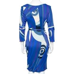 Pre Owned Emilio Pucci Blue Printed Jersey Belted Dress S