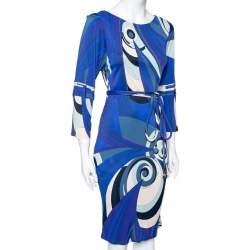 Pre Owned Emilio Pucci Blue Printed Jersey Belted Dress S