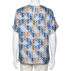Pre Owned Emilio Pucci Multicolor Logo Printed Silk Short Sleeve Top S