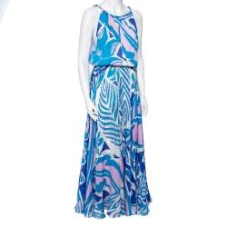 Pre Owned Emilio Pucci Multicolored Printed Silk Gathered Maxi Dress L