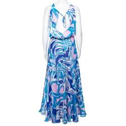 Pre Owned Emilio Pucci Multicolored Printed Silk Gathered Maxi Dress L