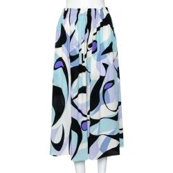Pre Owned Emilio Pucci Multicolored Printed Silk Elasticized Waist Midi Skirt M