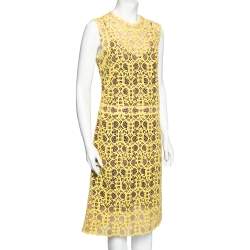 Pre Owned Emilio Pucci Yellow  Monogrammed Macramé Cotton Sleeveless Dress M