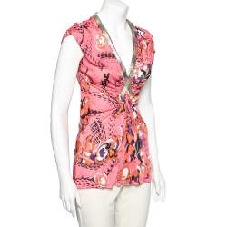 Emilio Pucci Multicolor Printed Knit Embellished Ruched Front Top M