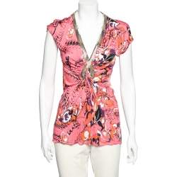 Emilio Pucci Multicolor Printed Knit Embellished Ruched Front Top M