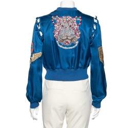 Emilio Pucci Blue Embroidered Silk Zip Front Cropped Jacket M