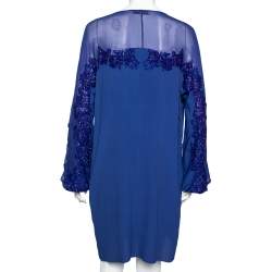 Pre Owned Emilio Pucci Blue Silk Beaded Embroidered Tassel Tie Front Shift Dress M