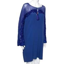 Pre Owned Emilio Pucci Blue Silk Beaded Embroidered Tassel Tie Front Shift Dress M