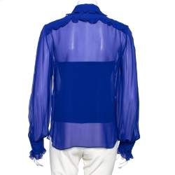 Pre Owned Emilio Pucci Blue Silk Ruffle Detailed Collar Button Front Shirt M