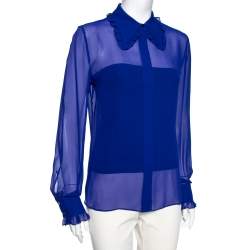 Pre Owned Emilio Pucci Blue Silk Ruffle Detailed Collar Button Front Shirt M