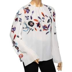 Pre Owned Emilio Pucci White Silk Floral Embroidered Long Sleeve Top M
