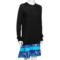 Pre Owned Emilio Pucci Black Wool & Printed Blue Silk Ruffled Hem Paneled Dress M